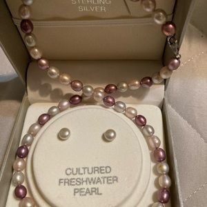 Cultured earrings and necklace. Lavender, purple, cream. Brand new